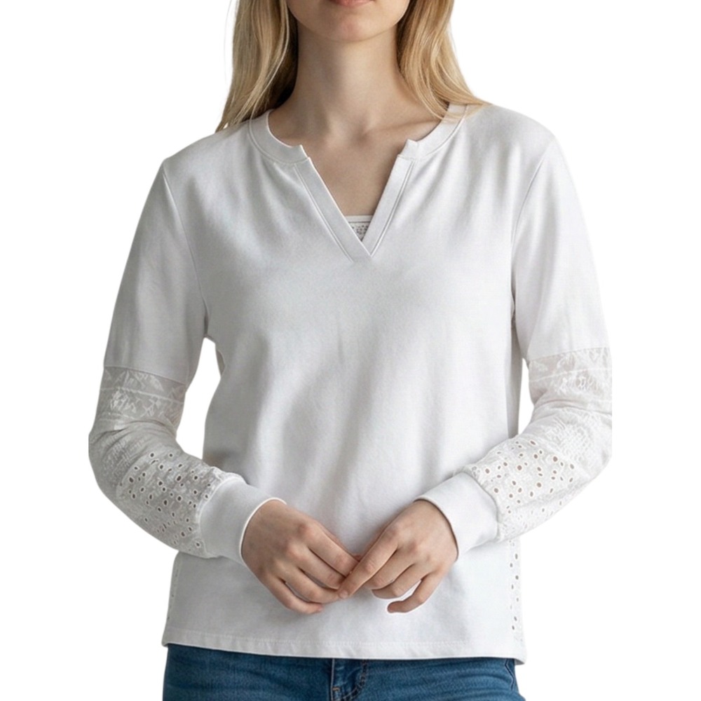 Tribal Womens White Eyelet Lace Sleeve Split V-Neck French Terry Sweatshirt XS